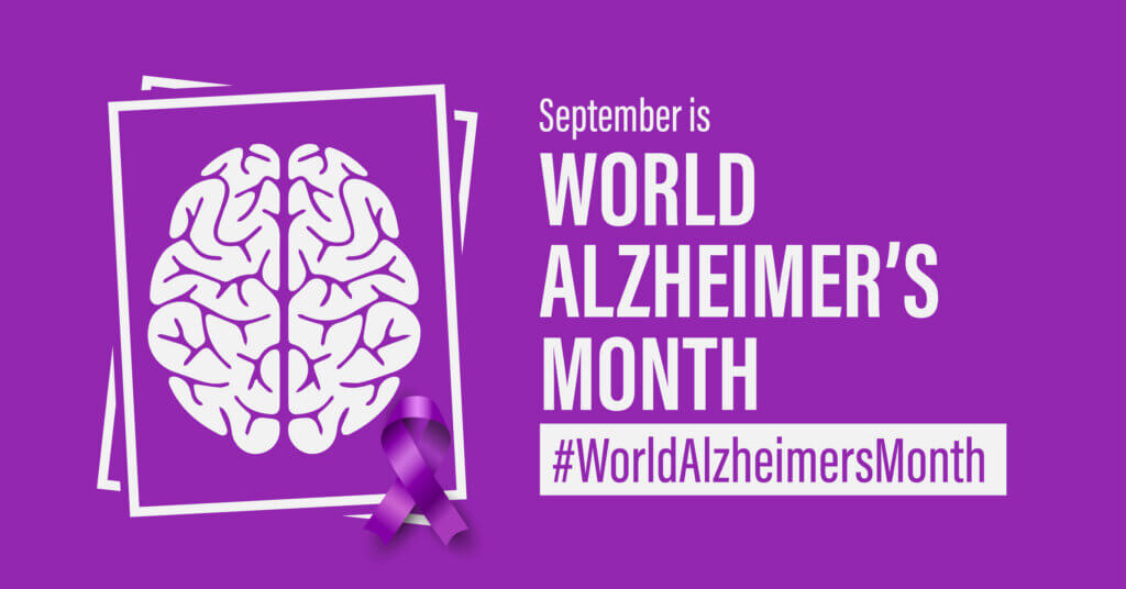 World Alzheimer's Month graphic with a white brain illustration and purple ribbon on a purple background